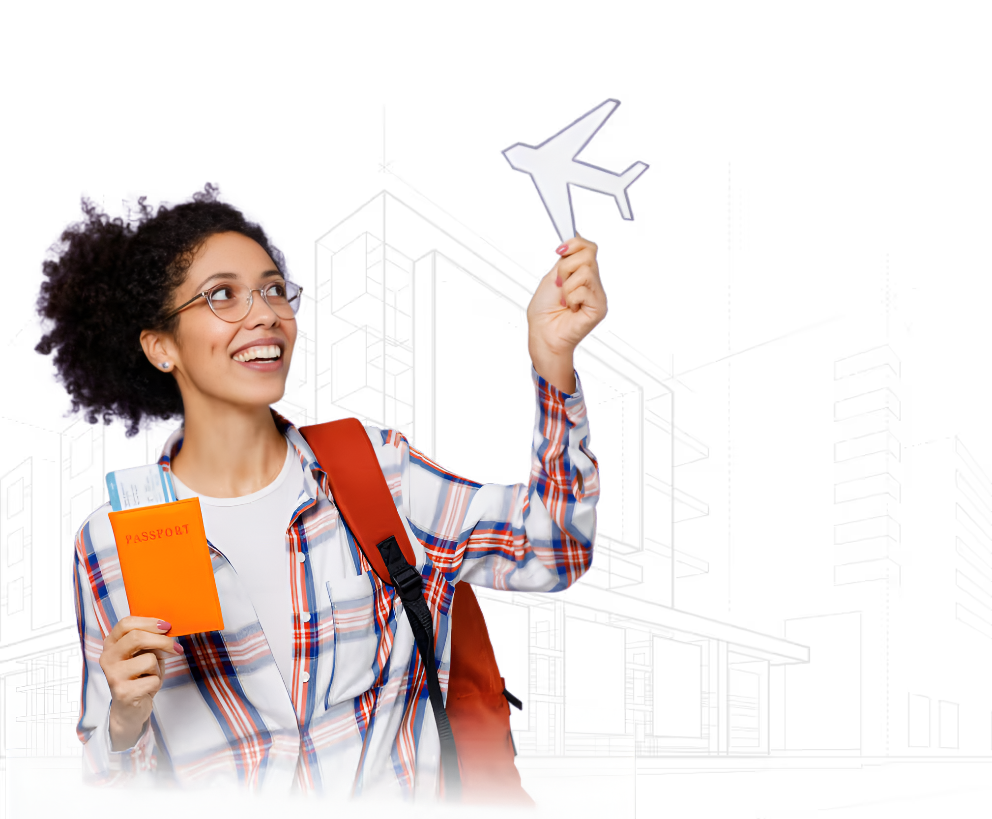 Student with passport and paper airplane